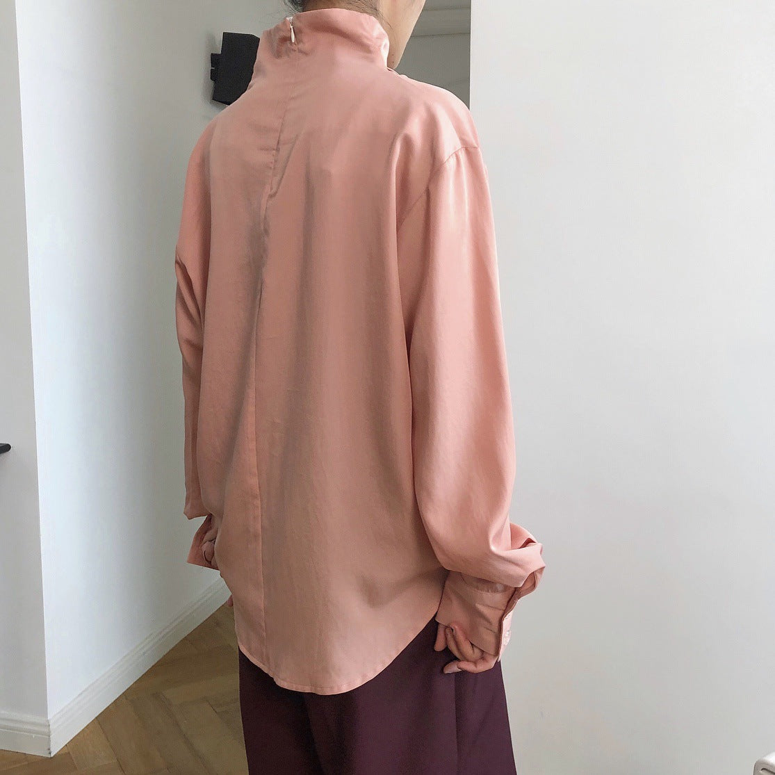 High Neck Solid Color Long Sleeve  Blouses  Shirt  Top