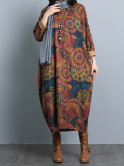 Women Retro Print Long Sleeve Dress