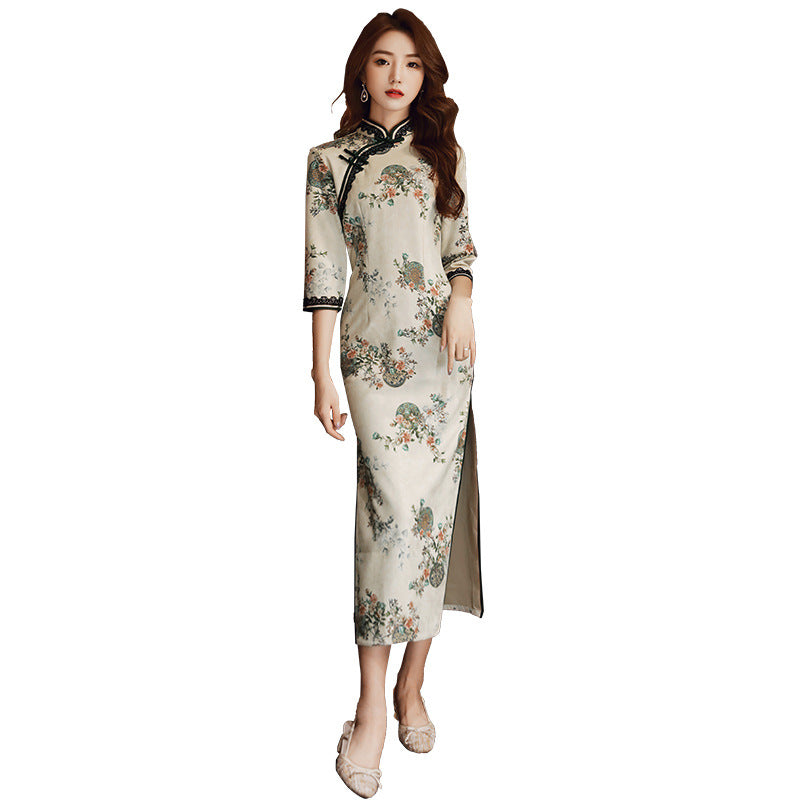 Stand-Up Neckline, High Slit, Seven-Part Sleeve Lace Cheongsam Maxi Dress