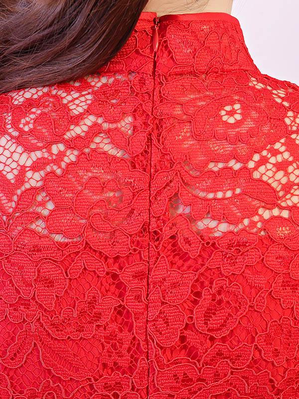 Red Lace See-through Split-side Short Cheongsam