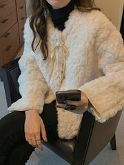 Casual Lace-Up Plush Short Coat