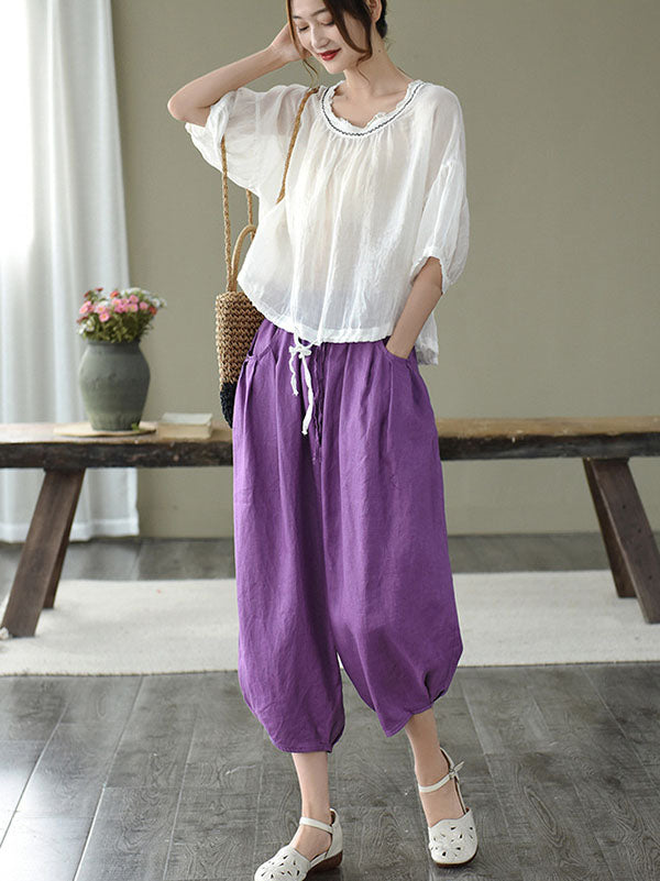 Artistic Retro Drawstring Elasticity Solid Pants