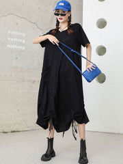 Original Creation Short Sleeves Roomy Drawstring Pure Color Round-Neck Midi Dresses