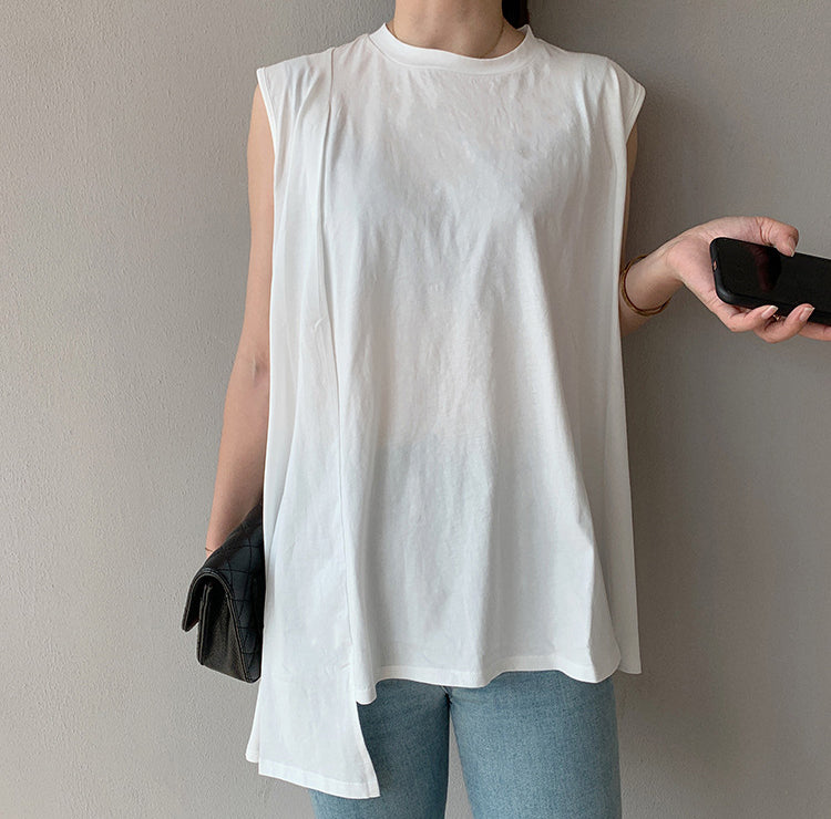 Women Irregular Stitching Round Neck Sleeveless T-Shirt