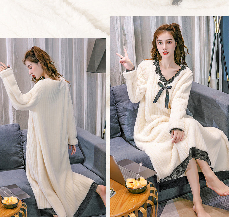 Casual Loose Solid Color V-Neck Coral Fleece Midi Pajamas Dress