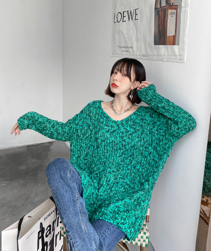 Loose V-Neck Long Sleeve Solid Color Knitted Sweater