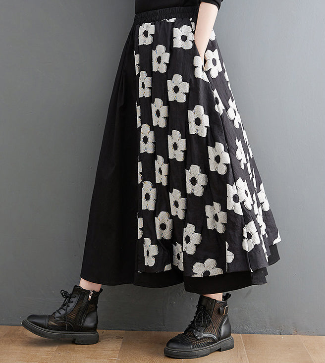 Embroidery Splicing Elastic High Waist A-Line Skirt