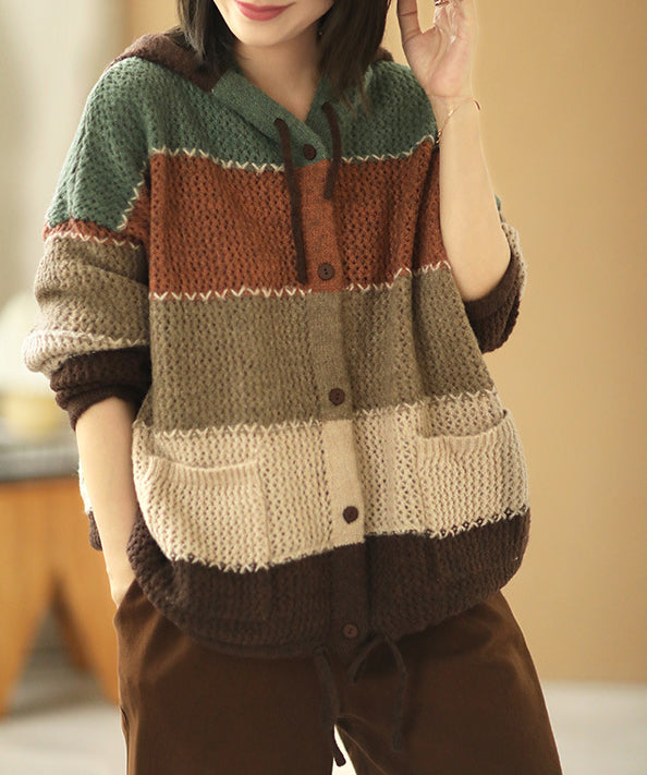 Casual Color Striped Hooded Knit Sweater