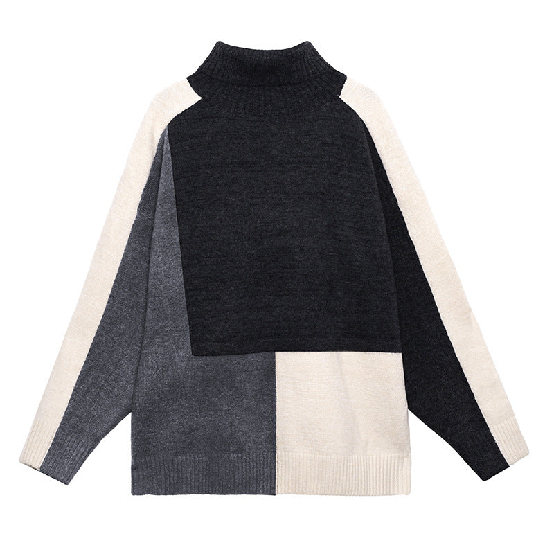 Urban Color-Block Splicing Knitted High-Neck Sweater