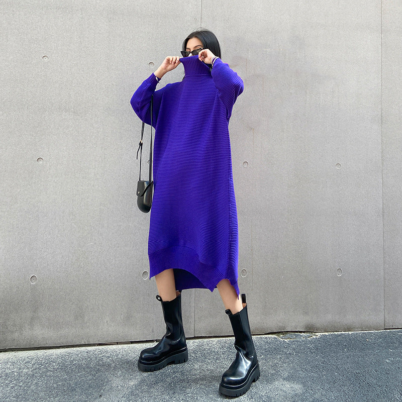 Long Sleeve Loose Sweater Dress With Irregular Splits