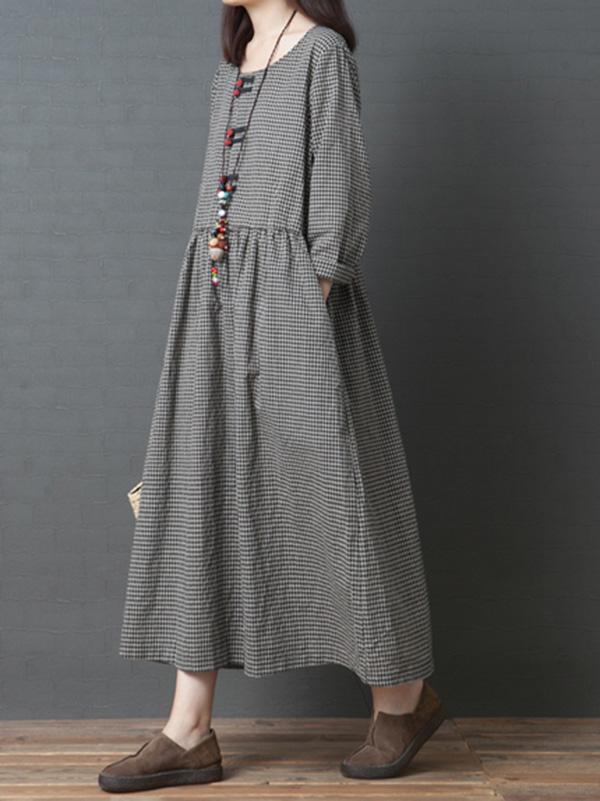 Cute Naional Plaid Red Button Long Dress