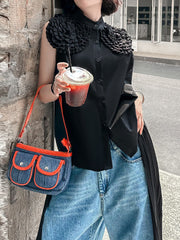 Sleeveless Floral Pure Color Stand Collar Blouses