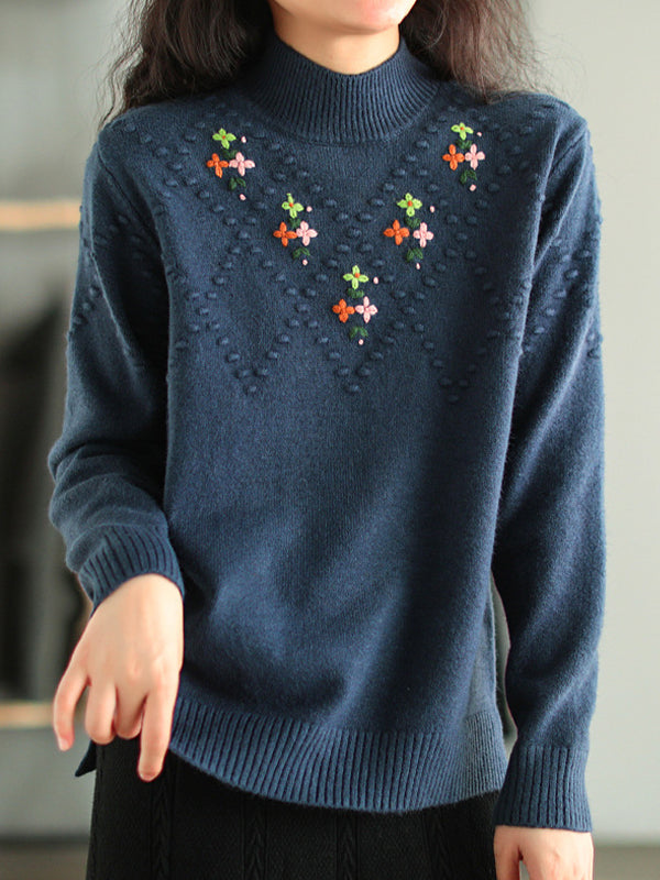 Vintage Half Turtleneck Embroidered Knit Sweater