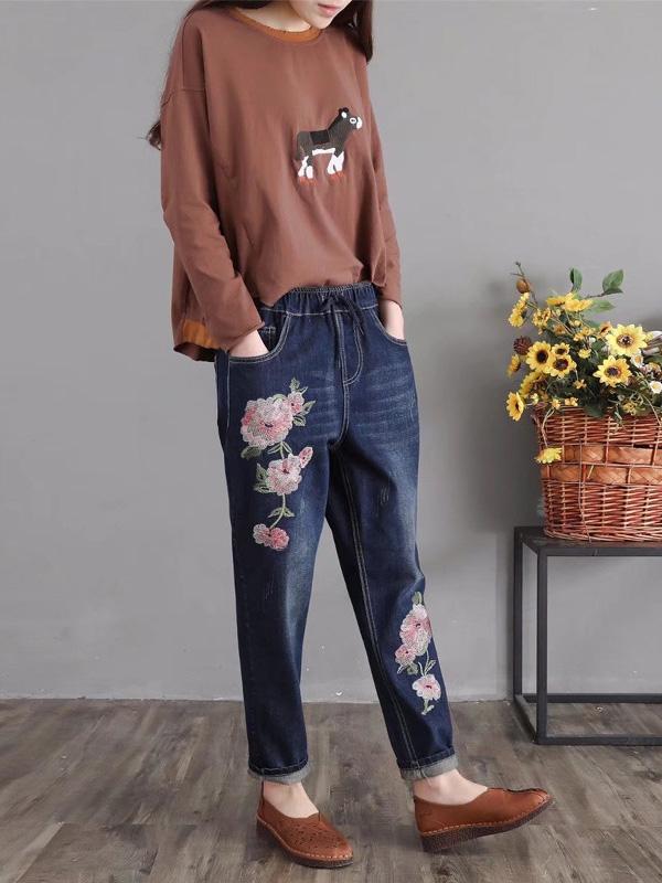 National Flower Embroidered Retro Harem Pants