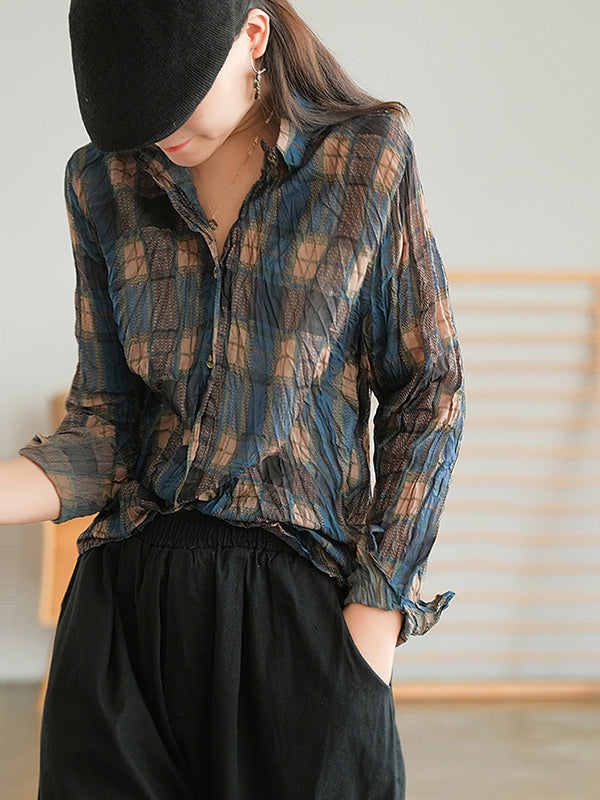 Retro Plaid Long Sleeve Blouse