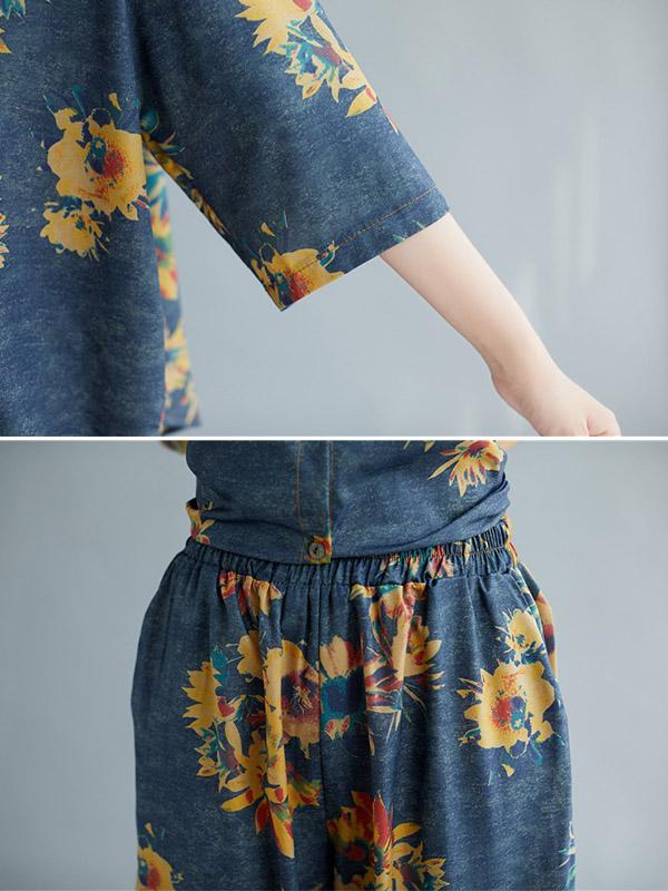 Casual Floral Shirt Blouse Tops+Harem Pants Suits