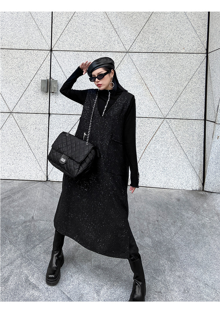 Women V-Neck Vest Midi Dress