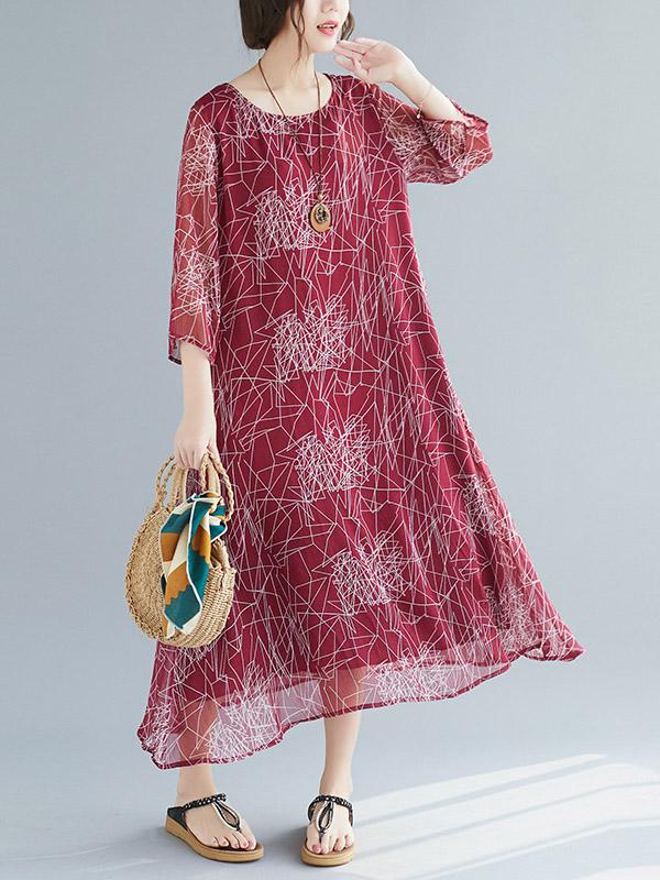 Loose Print Vintage Round Neck Dress