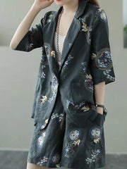 Loose Retro Printed Linen Shorts Suits