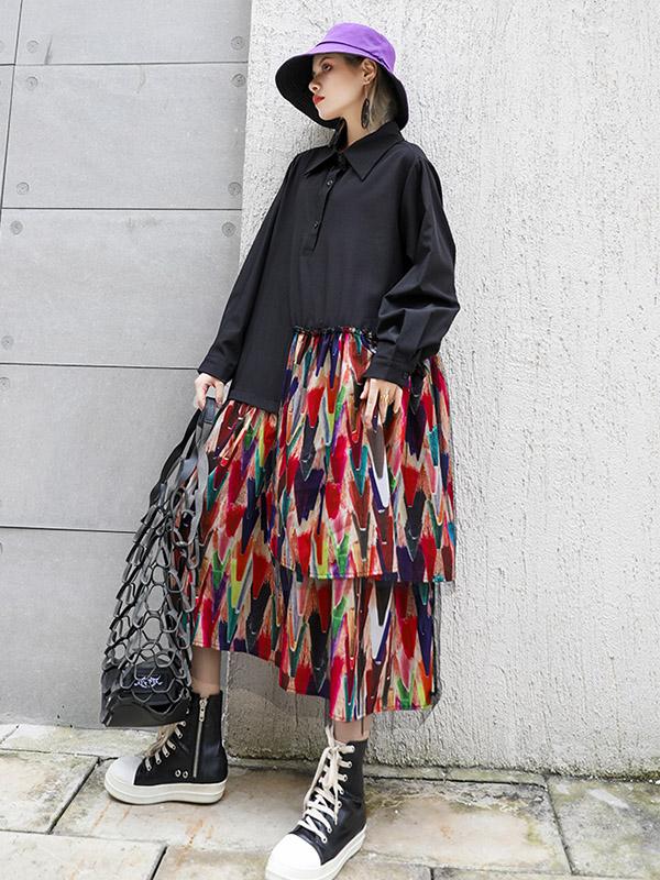 Colorful Printed Cropped Split-Joint Midi Dress