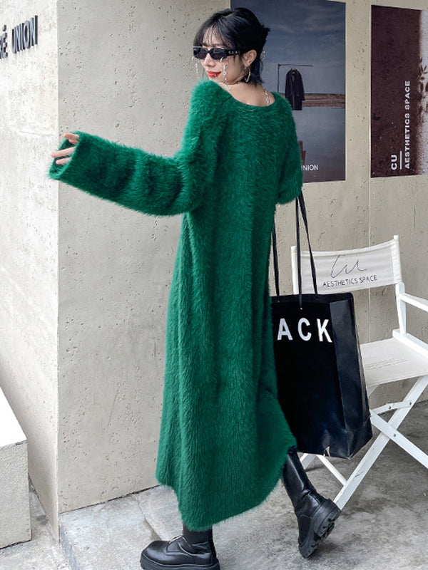 Stylish Selection Roomy Long Sleeves Pure Color V-Neck Midi Dresses Sweater Dresses