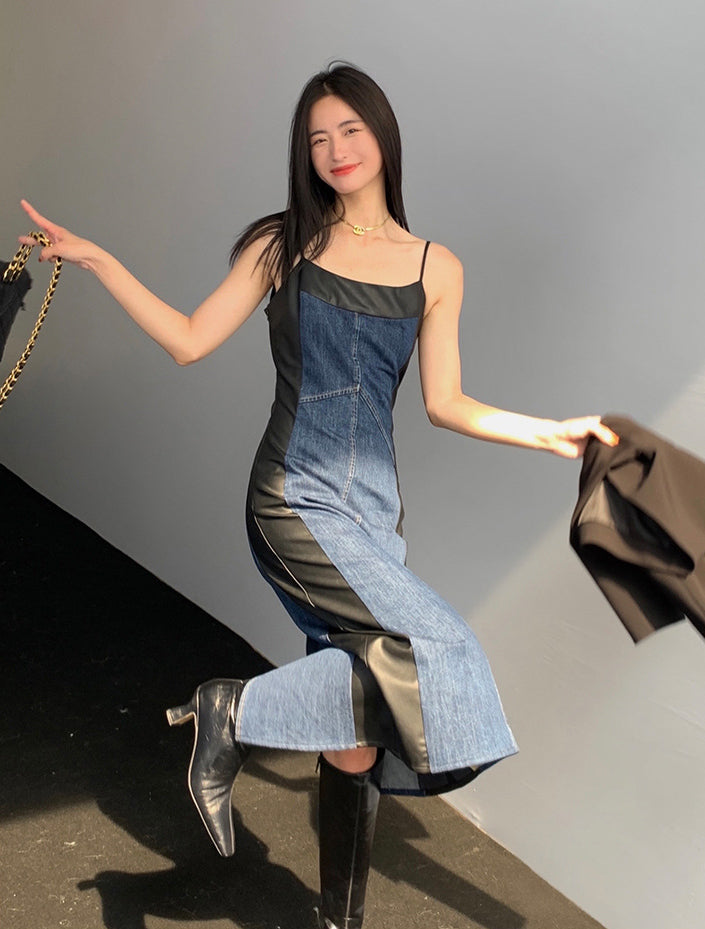 Retro Stitching Strap Denim Dress