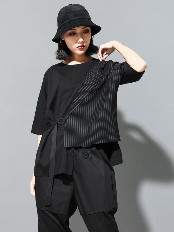 Striped Splicing Cropped Lace-Up T-Shirt