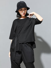 Striped Splicing Cropped Lace-Up T-Shirt