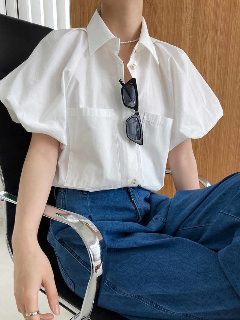 Retro Lapel Solid Color Loose Short Sleeve Shirt