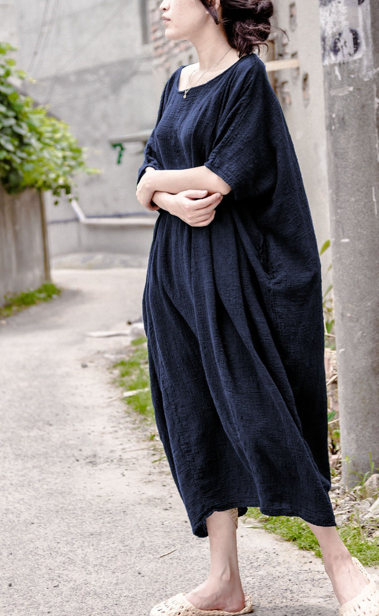 Women Solid Color Round Neck Loose Casual Dress