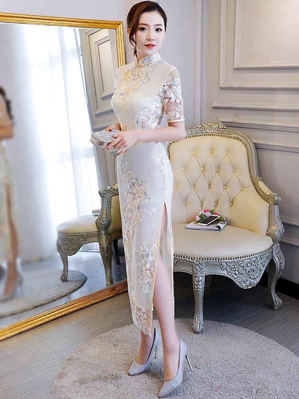 Embroidered Stand Collar Long Cheongsam Dress