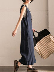 Vintage Solid Color V-neck Jumpsuits