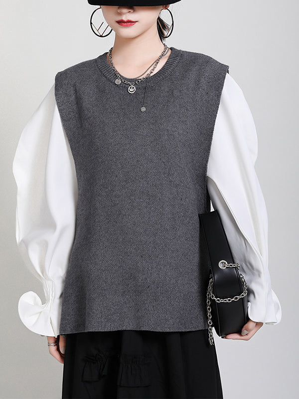 Women Round Neck Pullover Solid Color Vest