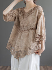 Round Neck Embroidered Hollow Half Sleeves Blouse