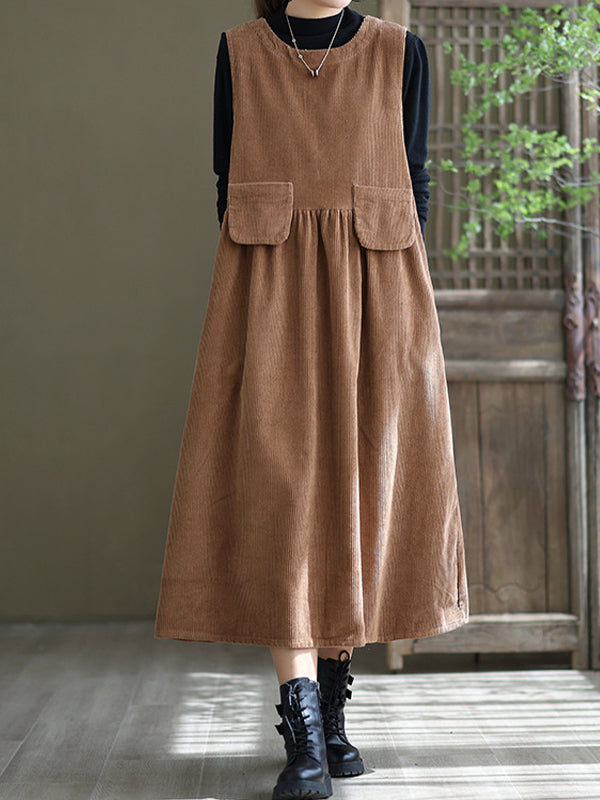 Round Neck Solid Loose Corduroy Midi Dress