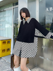 Retro Fake Two Piece Stitching Contrast Color Sweater