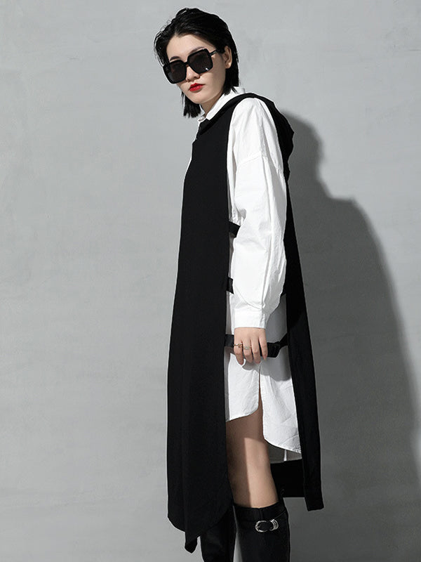 Long Irregular Hooded Black Knitted Vest Top