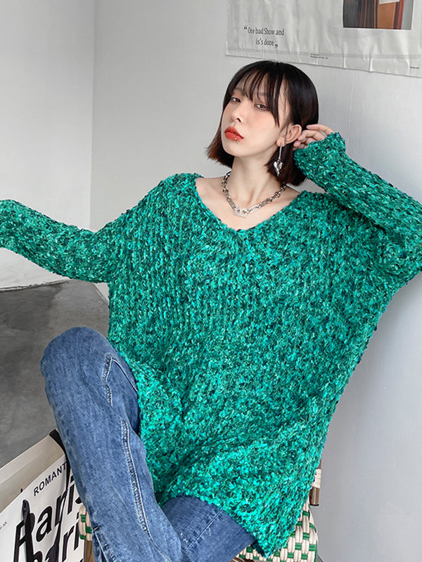 Loose V-Neck Long Sleeve Solid Color Knitted Sweater