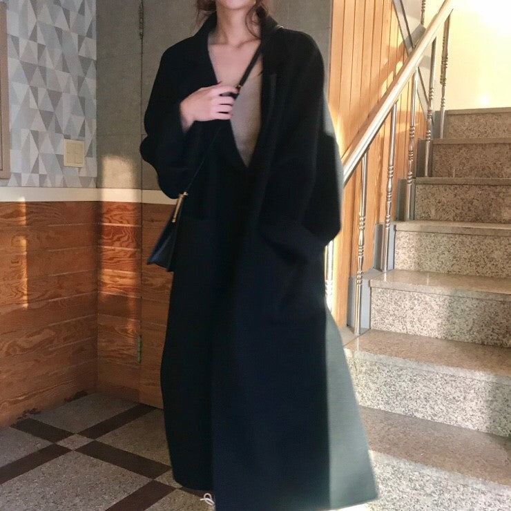 Loose Solid Lapel Collar Long Sleeve  Coat