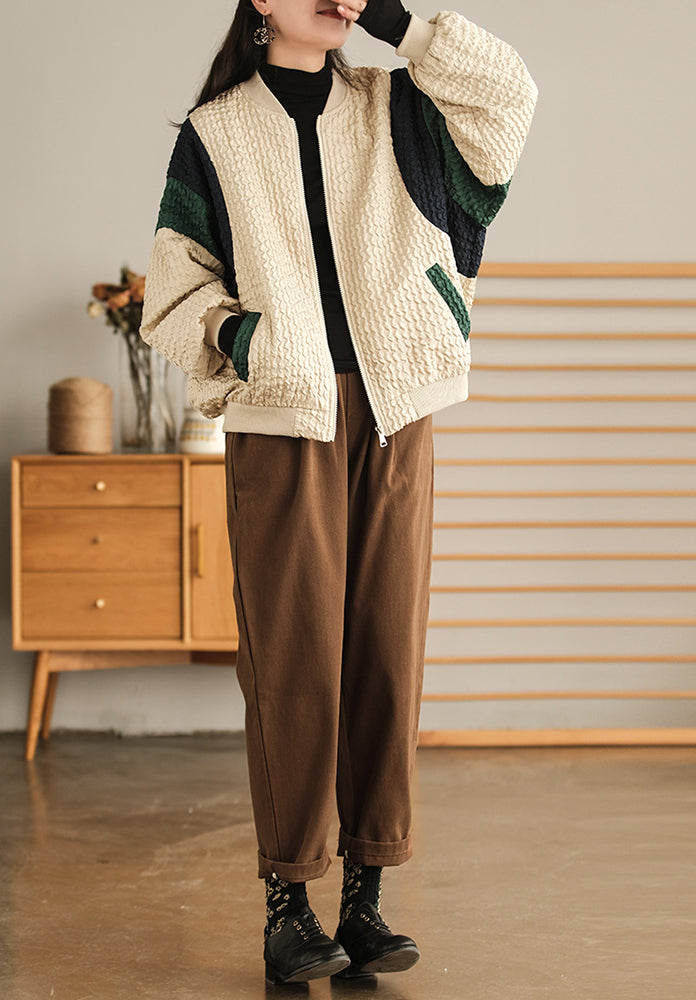 Retro Pleated Contrast Color Zipper Comfortable Sweater Coat