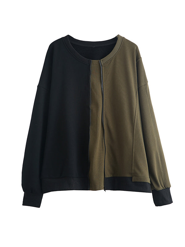 Casual Roomy Long Sleeves Contrast Color Split-Joint Zipper Round-Neck Sweatshirt Tops