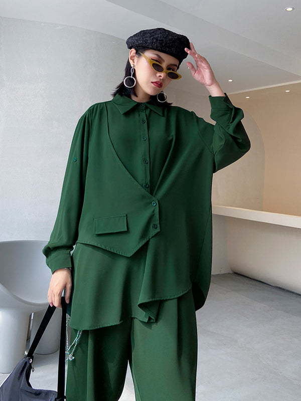Two Pieces Loose Solid Blouse And Straight Leg Pants