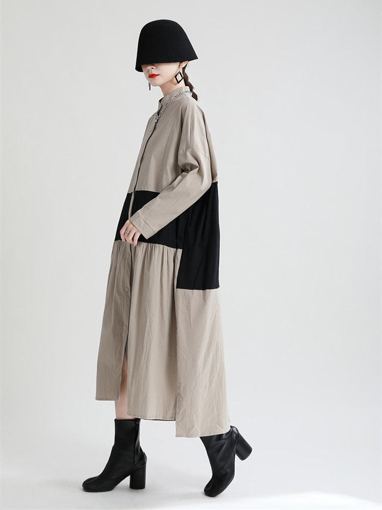 Stitching Contrast Color Loose Big Swing Long Sleeve Dress