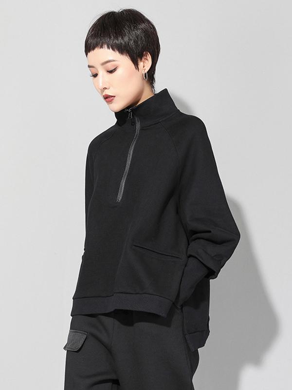 Black Zipper Long Sleeves Cropped T-shirt