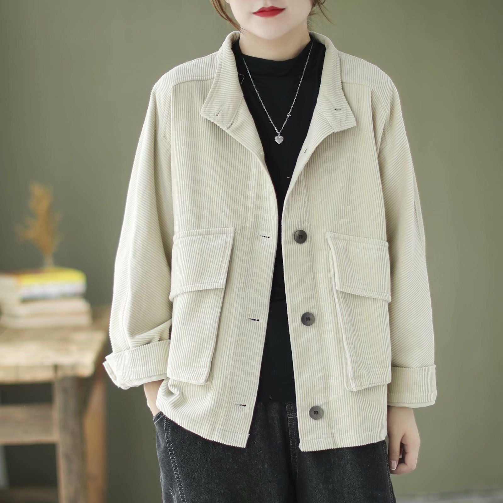 Loose Casual Solid Color Stand Collar Coat