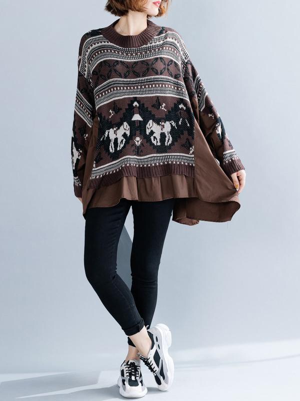 Loose Pony Pattern False-Two Cropped Splicing Shirts Sweater