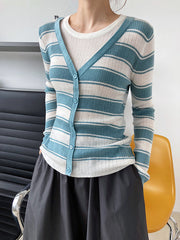Fake Two Striped Knitted Long Sleeve Sweater Top
