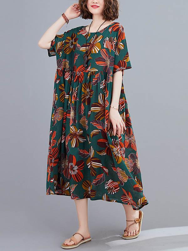 Vintage Floral Round-Neck Short Sleeve Dress
