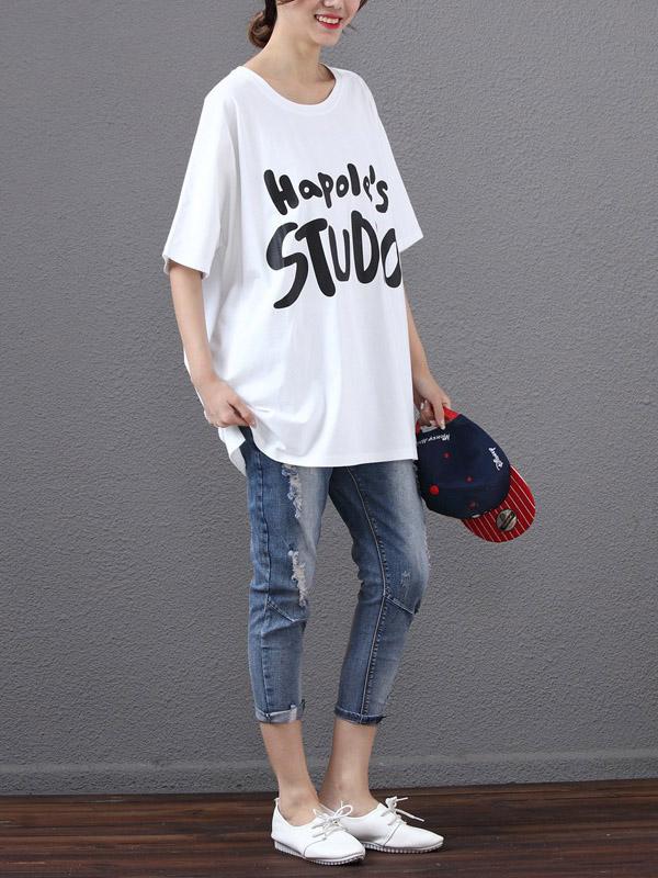 Batwing Sleeves Printed Letter T-Shirt