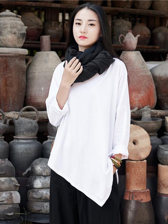 White&Gray Cropped Round-neck Ramie Cotton T-shirt